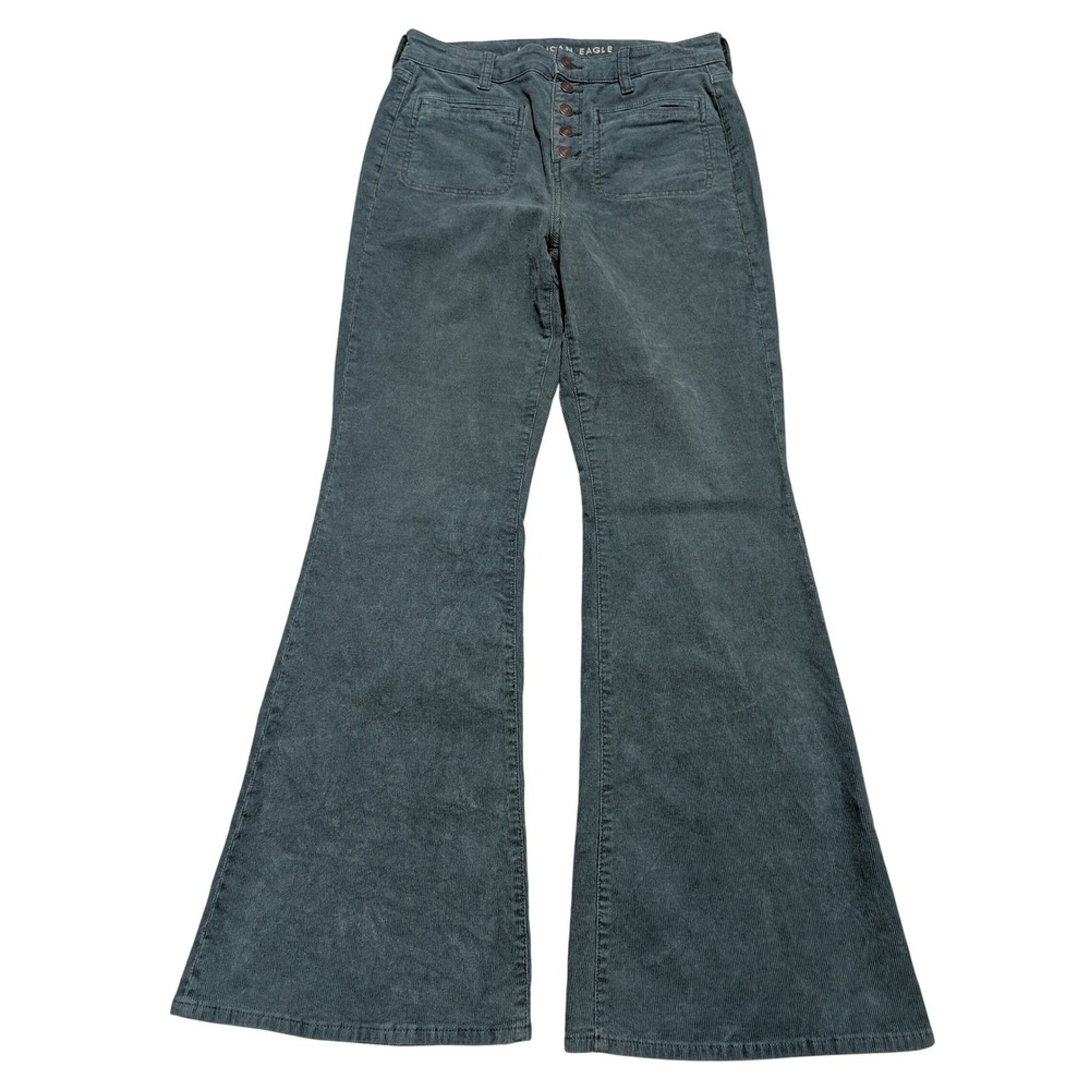 American Eagle Flare Pants Womens 10 Green 31X30 Hi-Rise Corduroy Button Fly